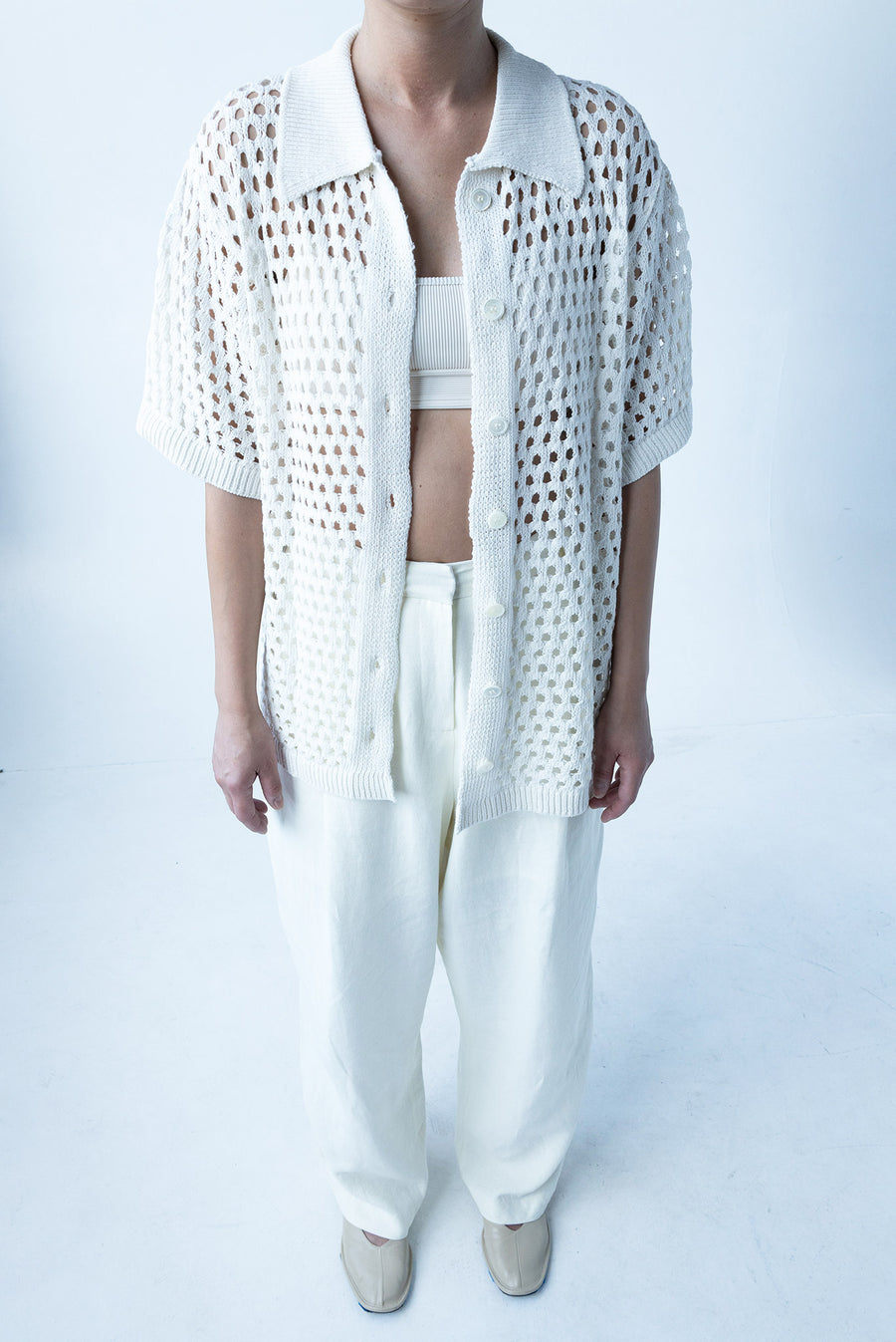 Spring Open Knit Collar Blouse - White