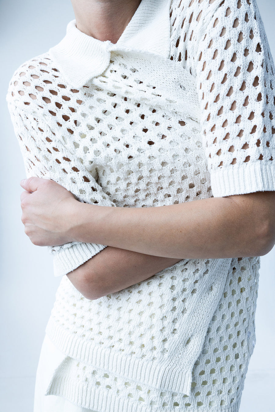 Spring Open Knit Collar Blouse - White