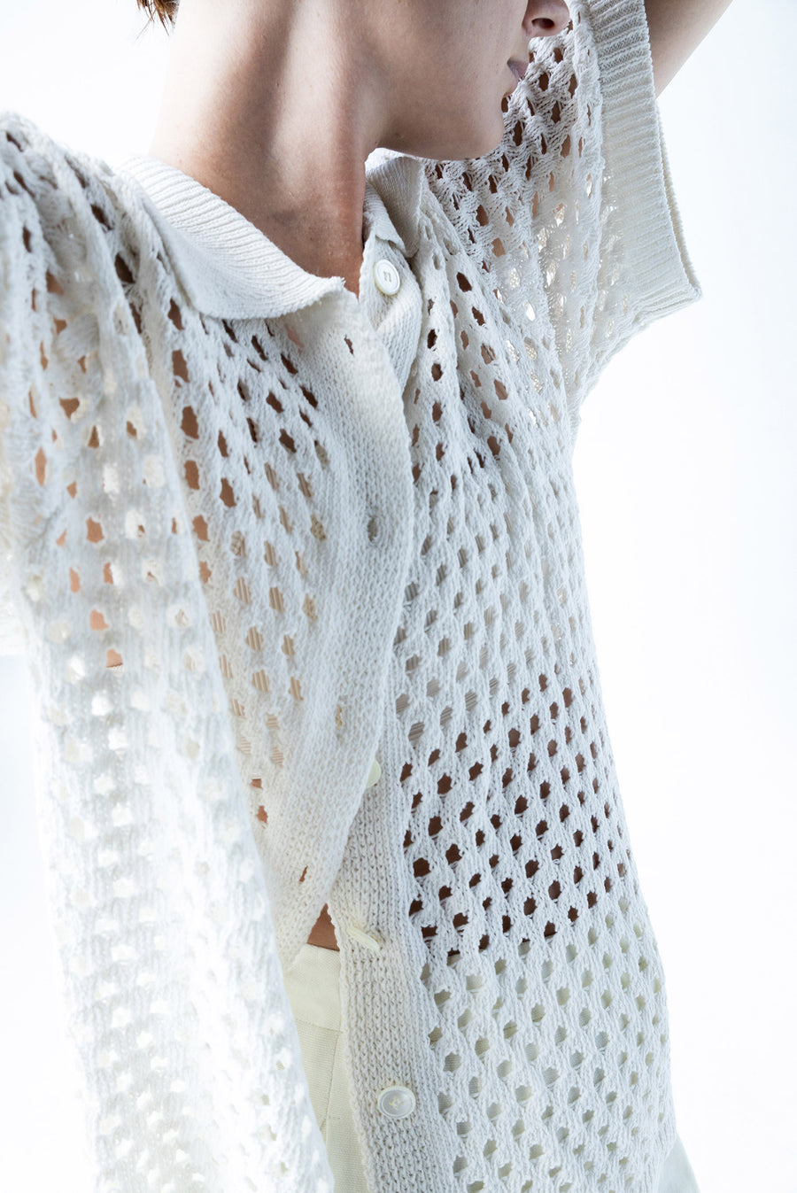 Spring Open Knit Collar Blouse - White