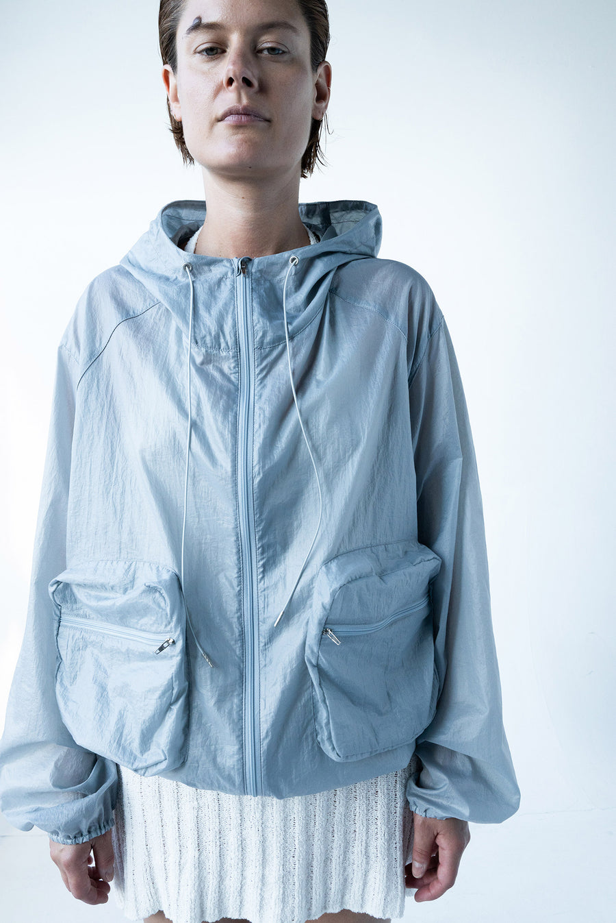 Sheer Hooded Windbreaker With Large Pockets - Gray
