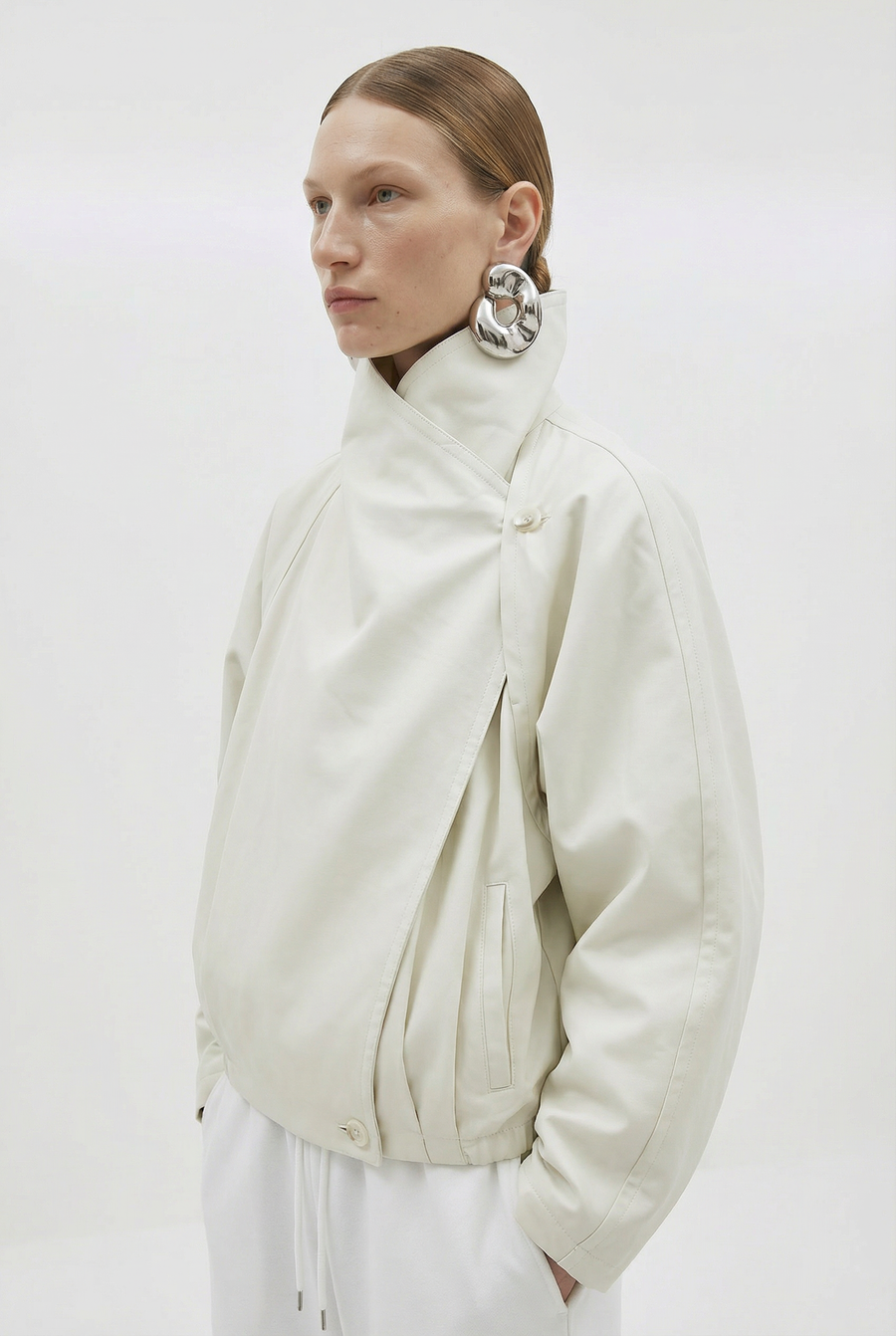 Draped Lapel Balloon Sleeve Cropped Jacket - Beige