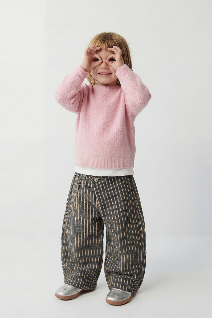 Kids - Striped Cotton Barrel Pant - Gray
