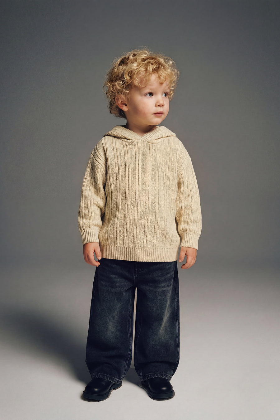 Kids - Hooded Rib Knit Sweater - Cream