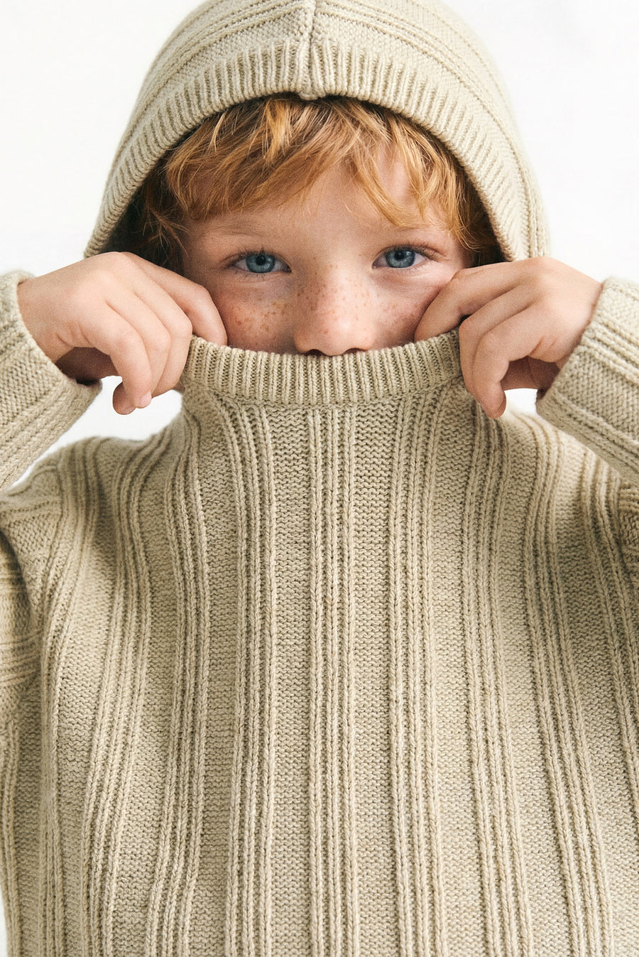 Kids - Hooded Rib Knit Sweater - Cream