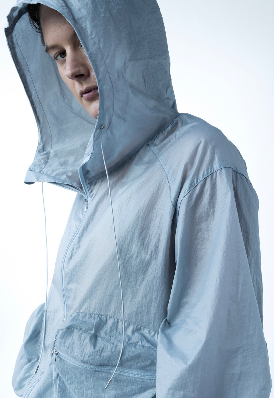 Sheer Hooded Windbreaker With Large Pockets - Gray