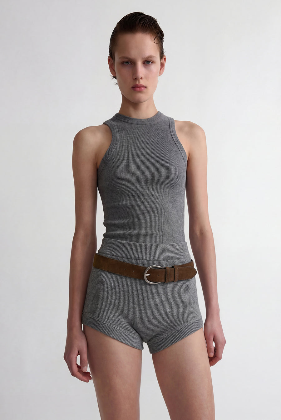 Rib Knit High-Waisted Brief Short - Gray