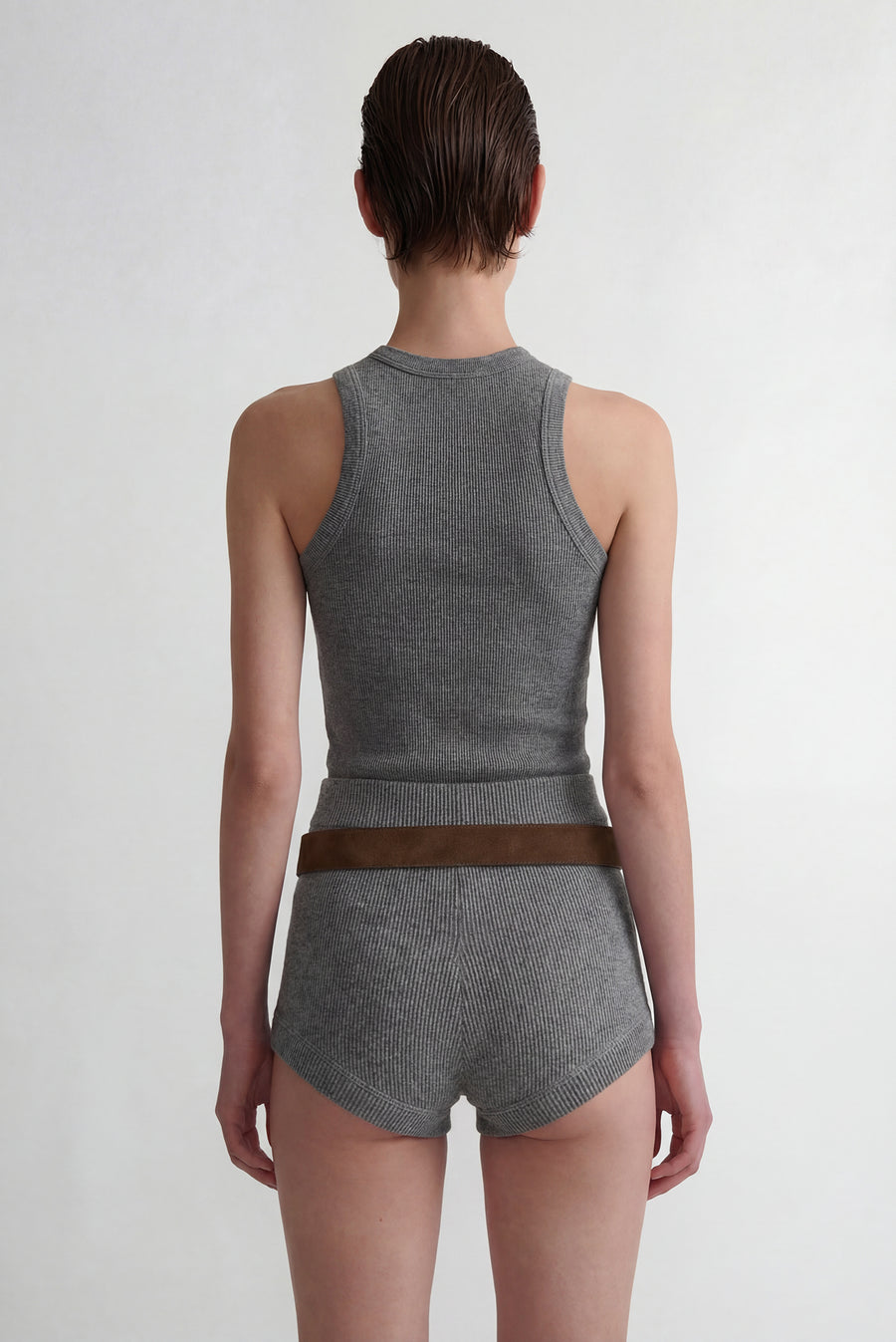 Rib Knit High-Waisted Brief Short - Gray