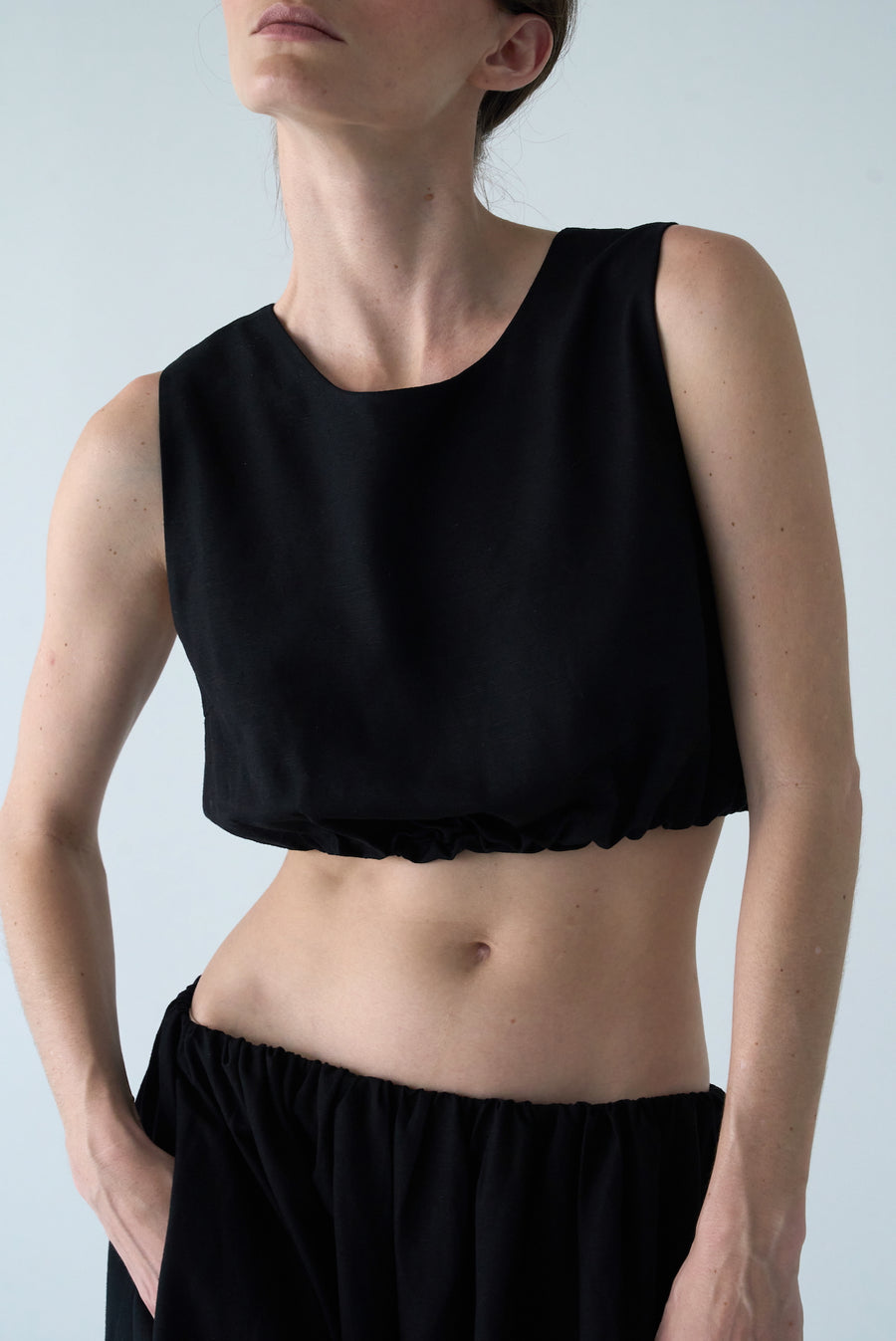 Gathered Hem Crop Top - Black