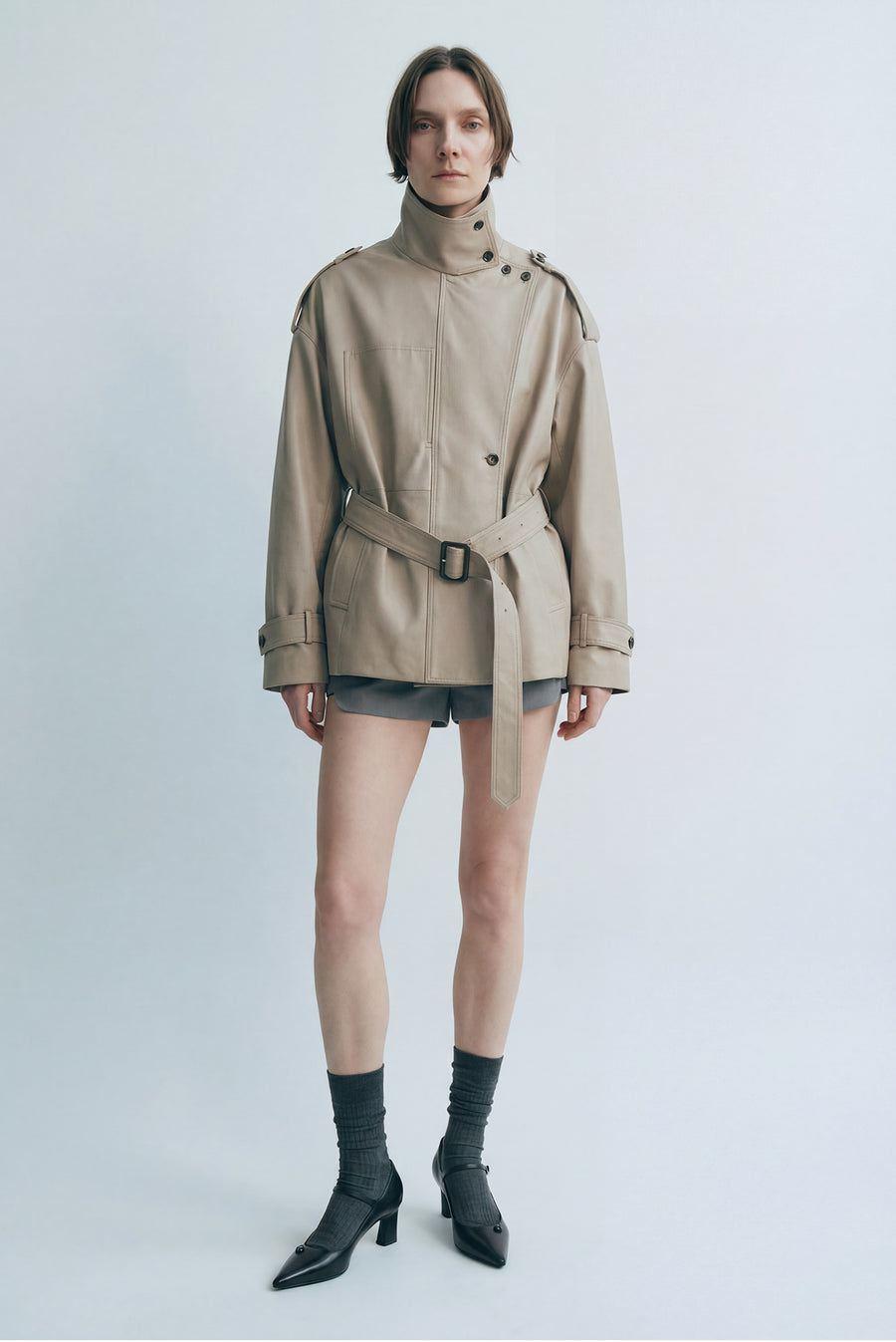 Asymmetrical Belted Trench Jacket - Khaki