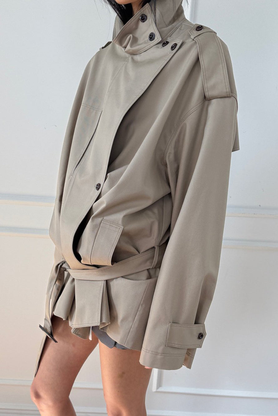 Asymmetrical Belted Trench Jacket - Khaki