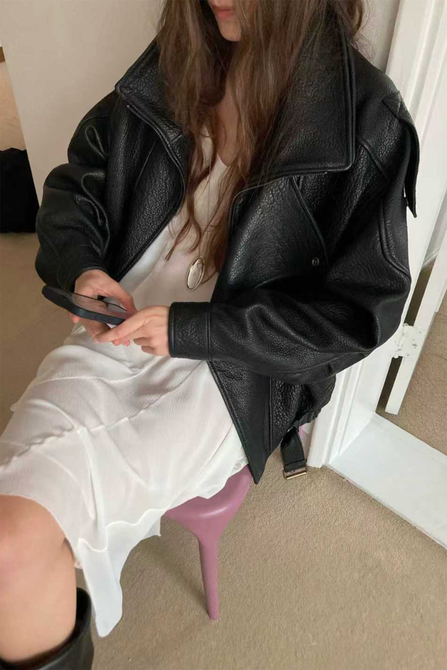 High-Collar Oversized Pebbled Leather Jacket - Black