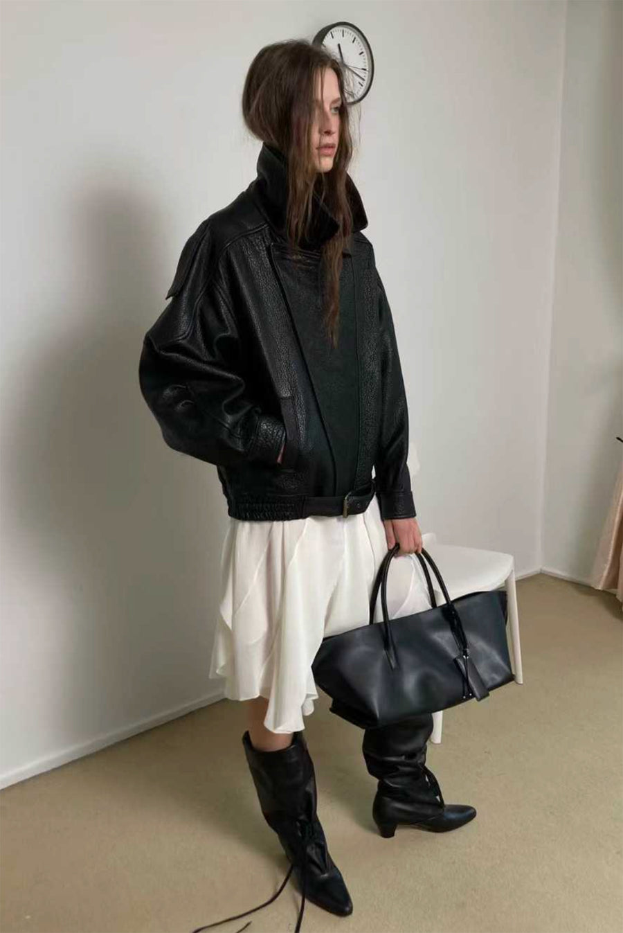 High-Collar Oversized Pebbled Leather Jacket - Black