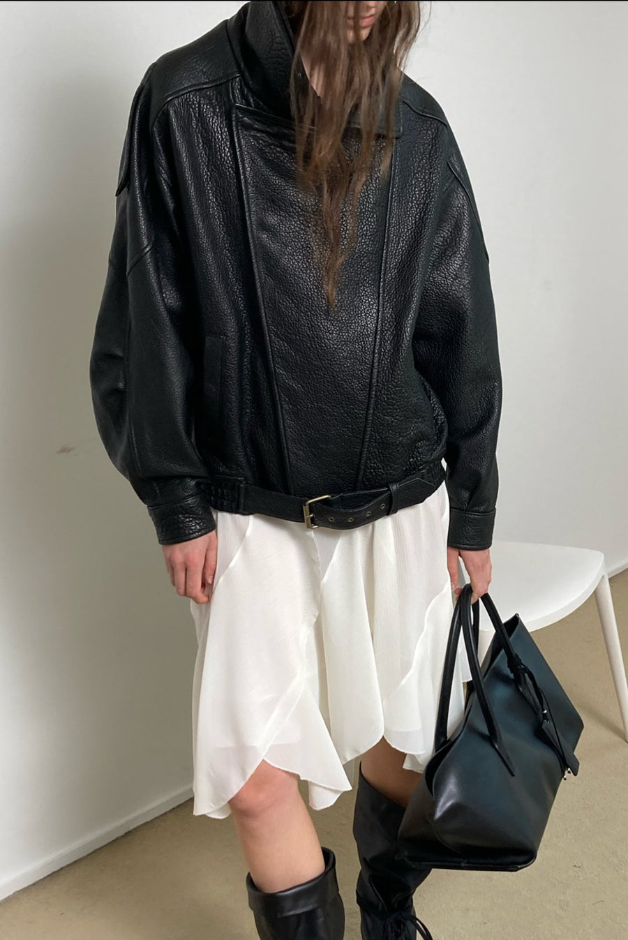 High-Collar Oversized Pebbled Leather Jacket - Black