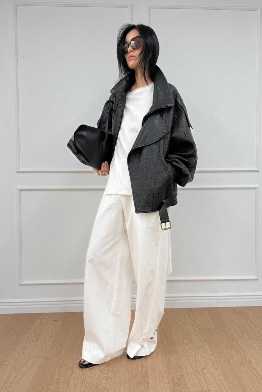 High-Collar Oversized Pebbled Leather Jacket - Black