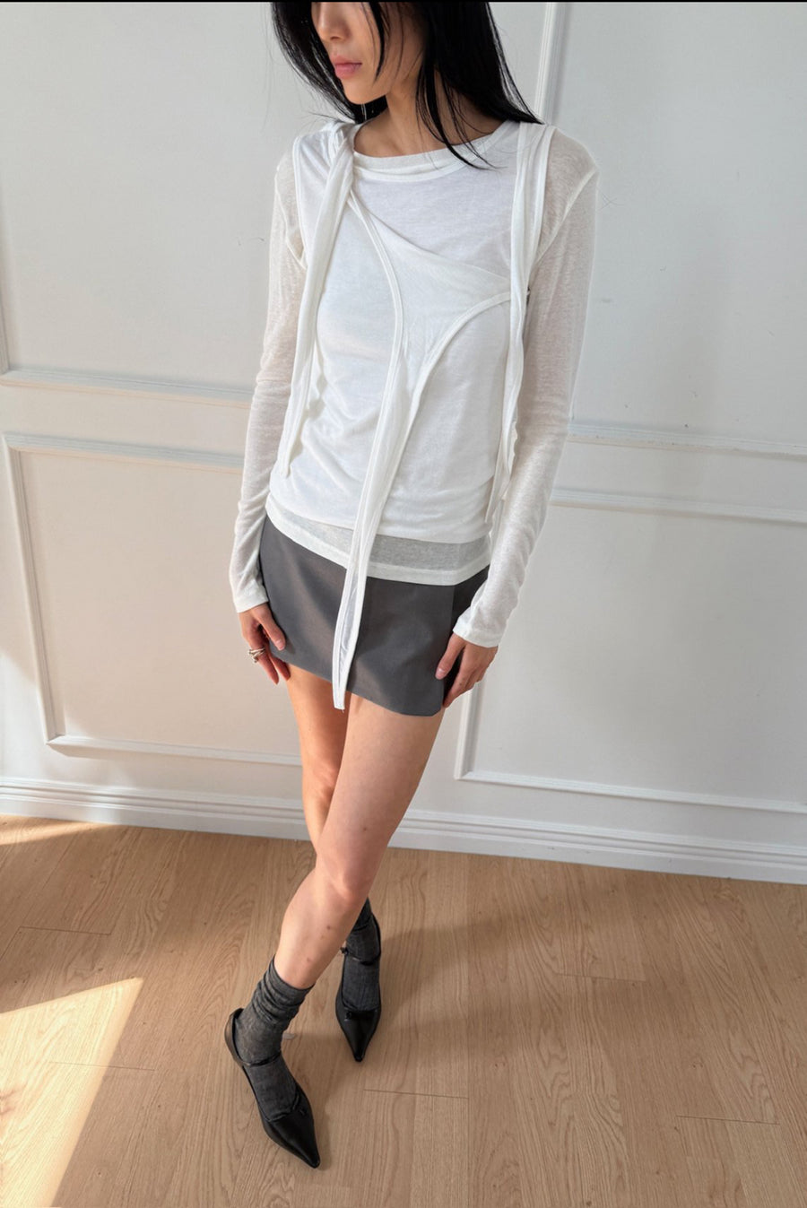 Asymmetrical Draped Tie Layered Long Sleeve Top - White
