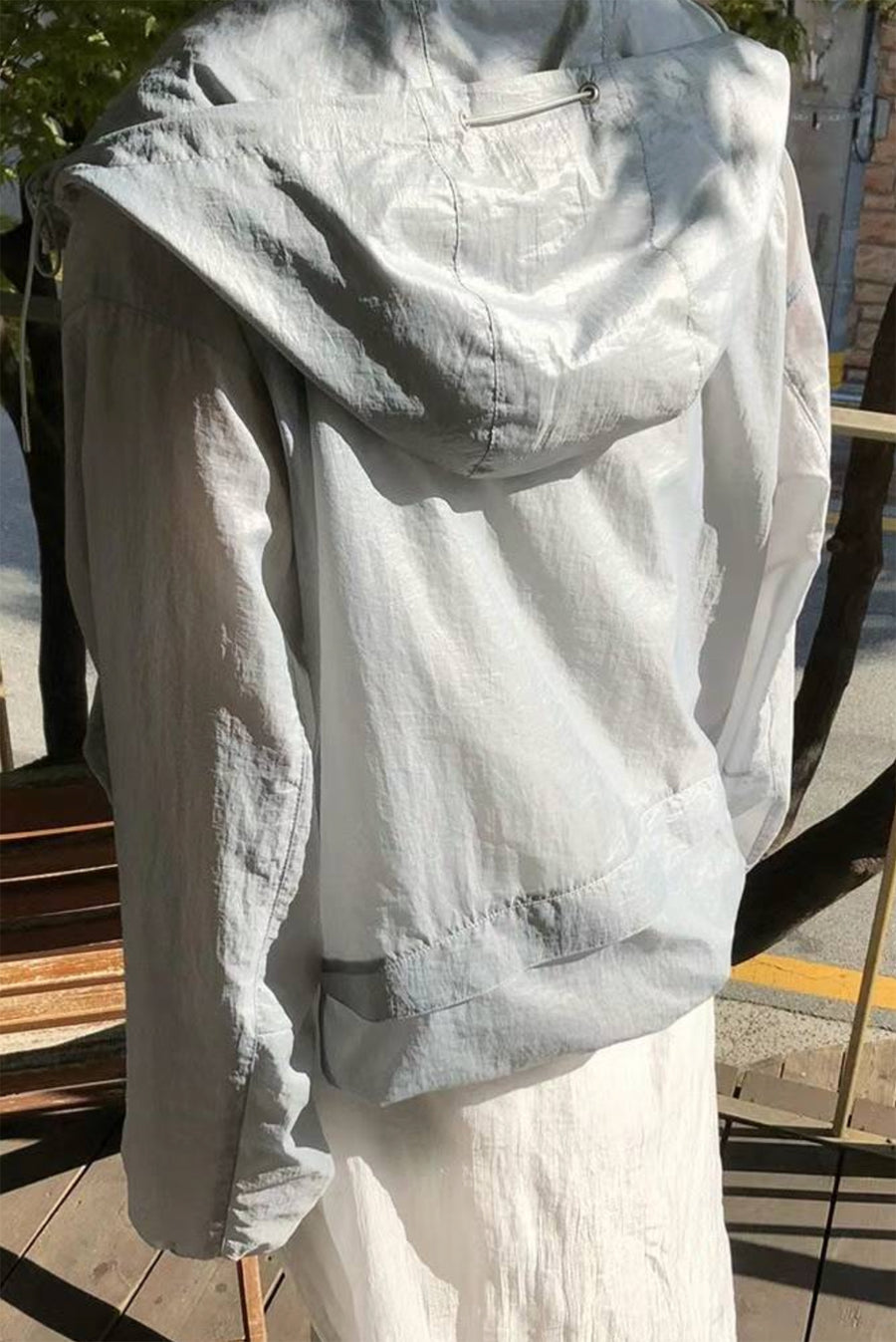 Sheer Hooded Windbreaker With Large Pockets - Gray