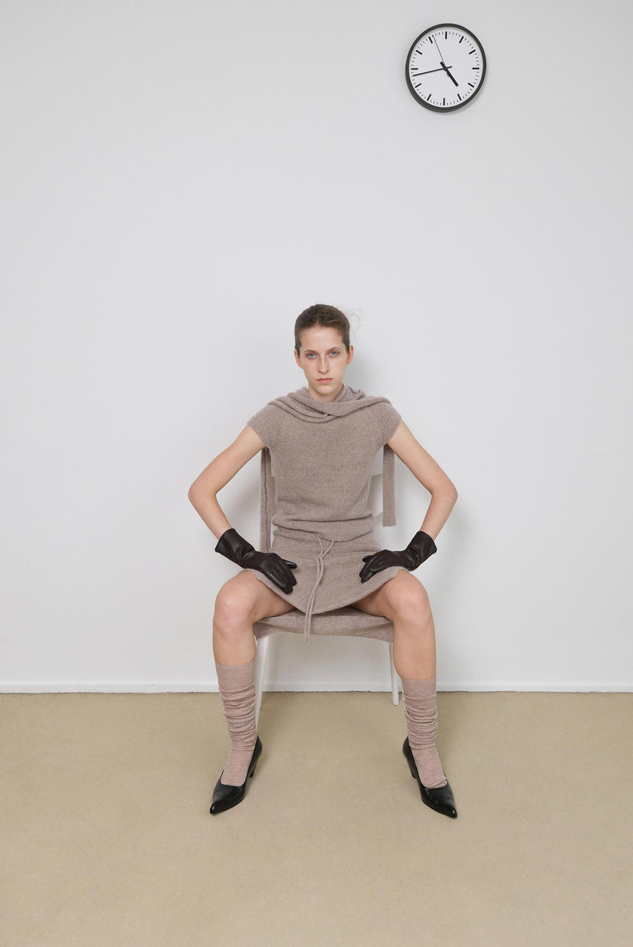 Knit Midi Skirt with Side Slit - Beige