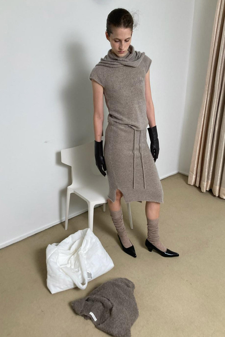 Knit Midi Skirt with Side Slit - Beige