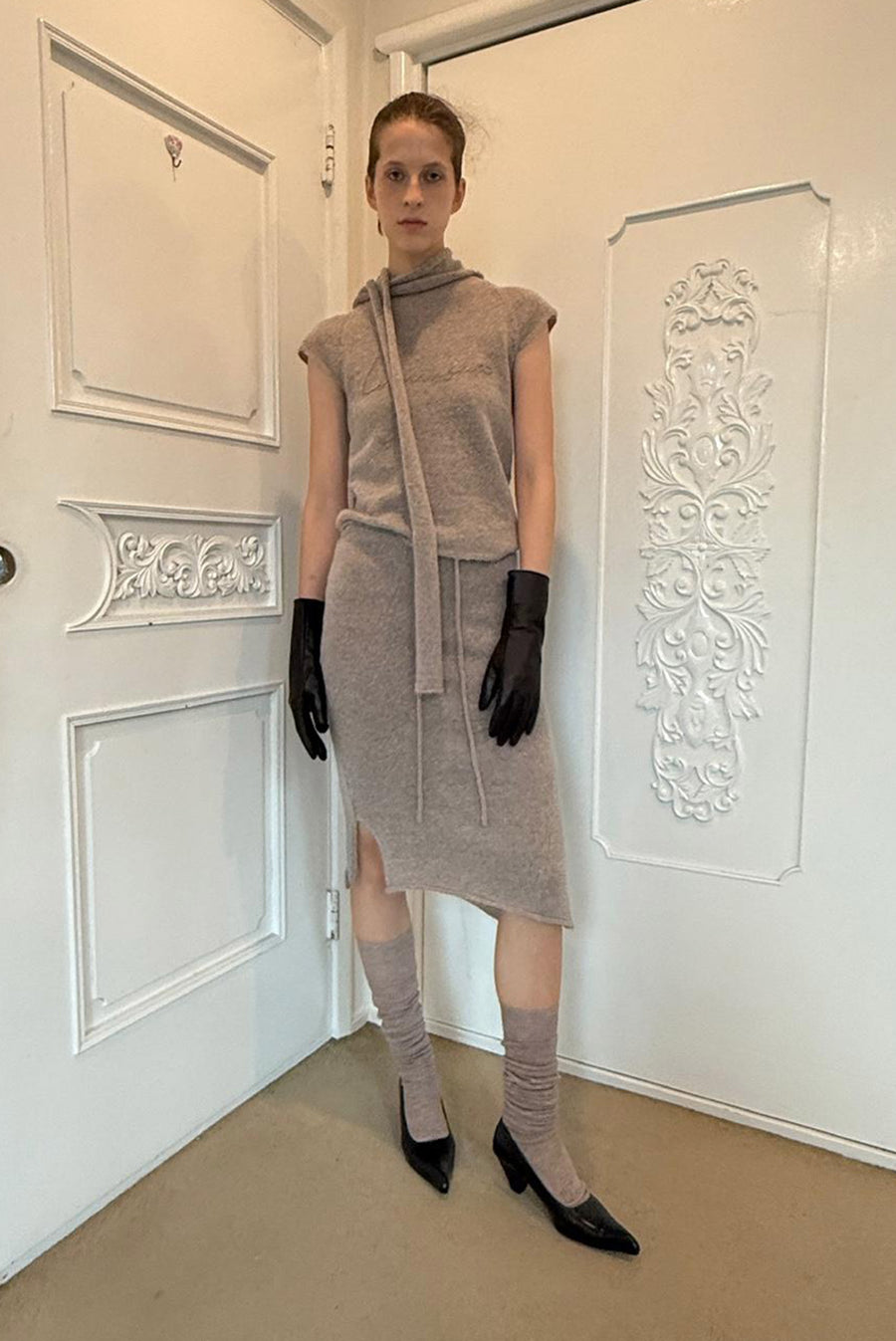 Knit Midi Skirt with Side Slit - Beige