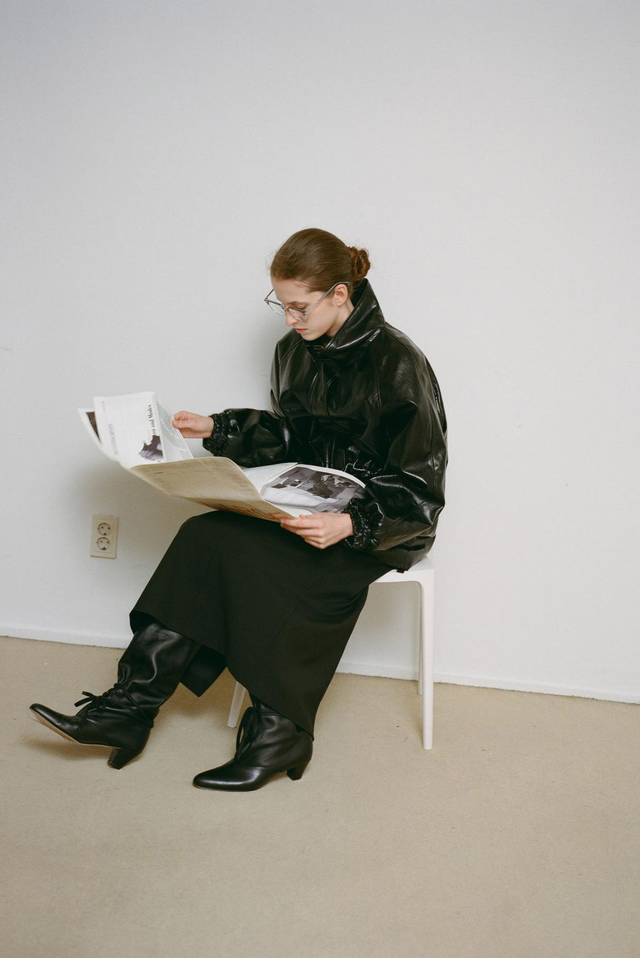 Oversized Cinched Waist Leather Jacket - Black