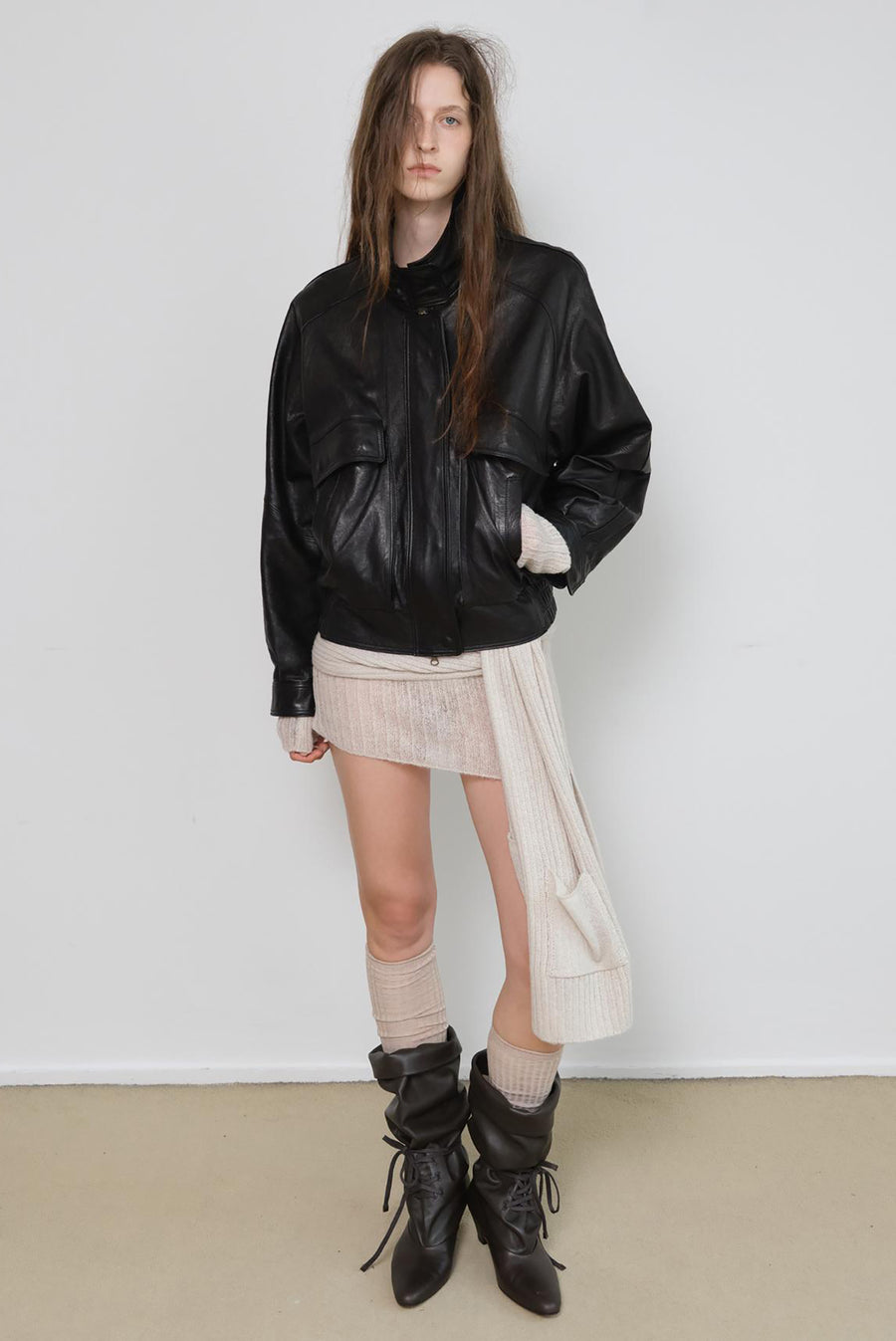 Oversized Moto Leather Jacket With Pockets