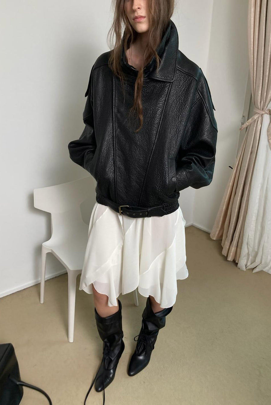 High-Collar Oversized Pebbled Leather Jacket - Black