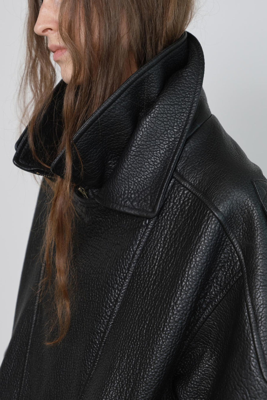 High-Collar Oversized Pebbled Leather Jacket - Black