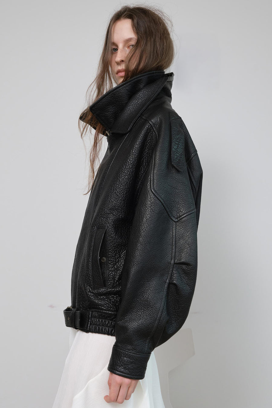 High-Collar Oversized Pebbled Leather Jacket - Black