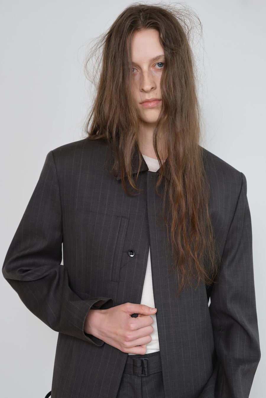 Boxy Collared Pinstripe Jacket - Charcoal
