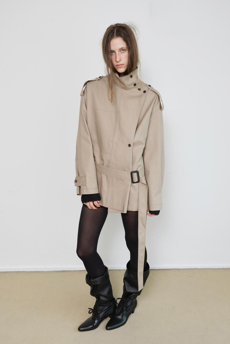 Asymmetrical Belted Trench Jacket - Khaki