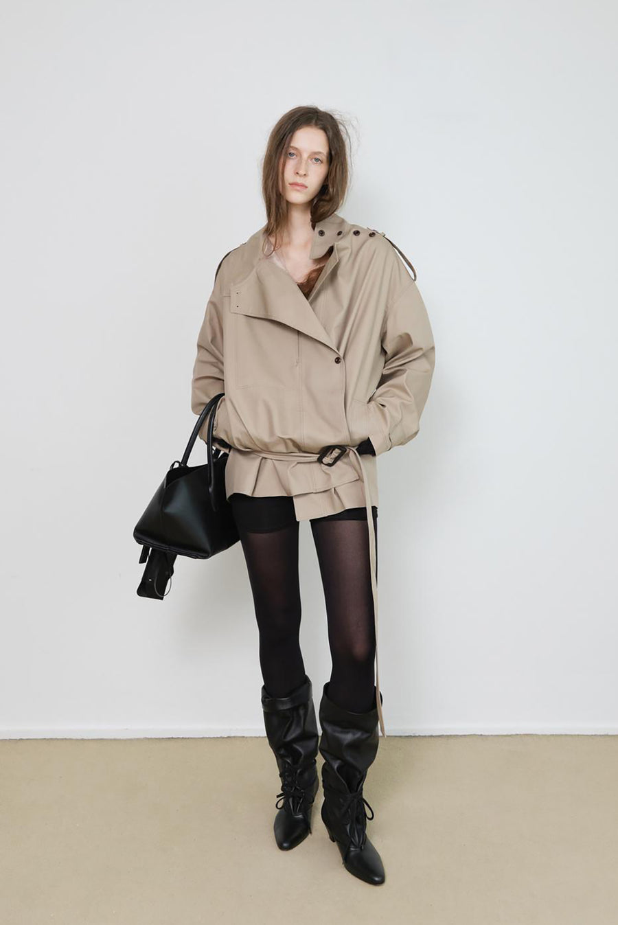 Asymmetrical Belted Trench Jacket - Khaki