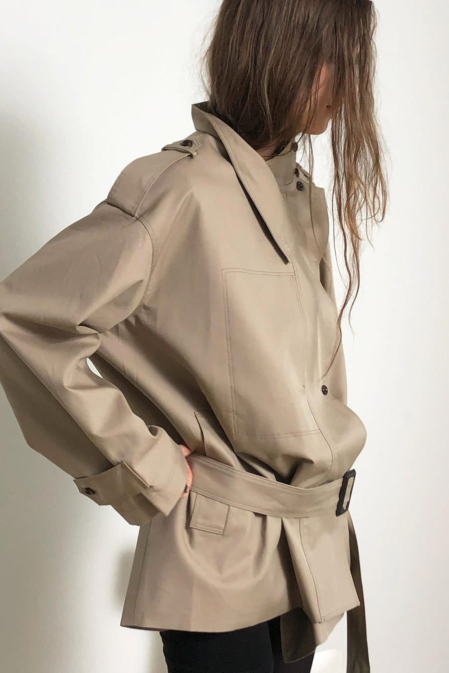 Asymmetrical Belted Trench Jacket - Khaki