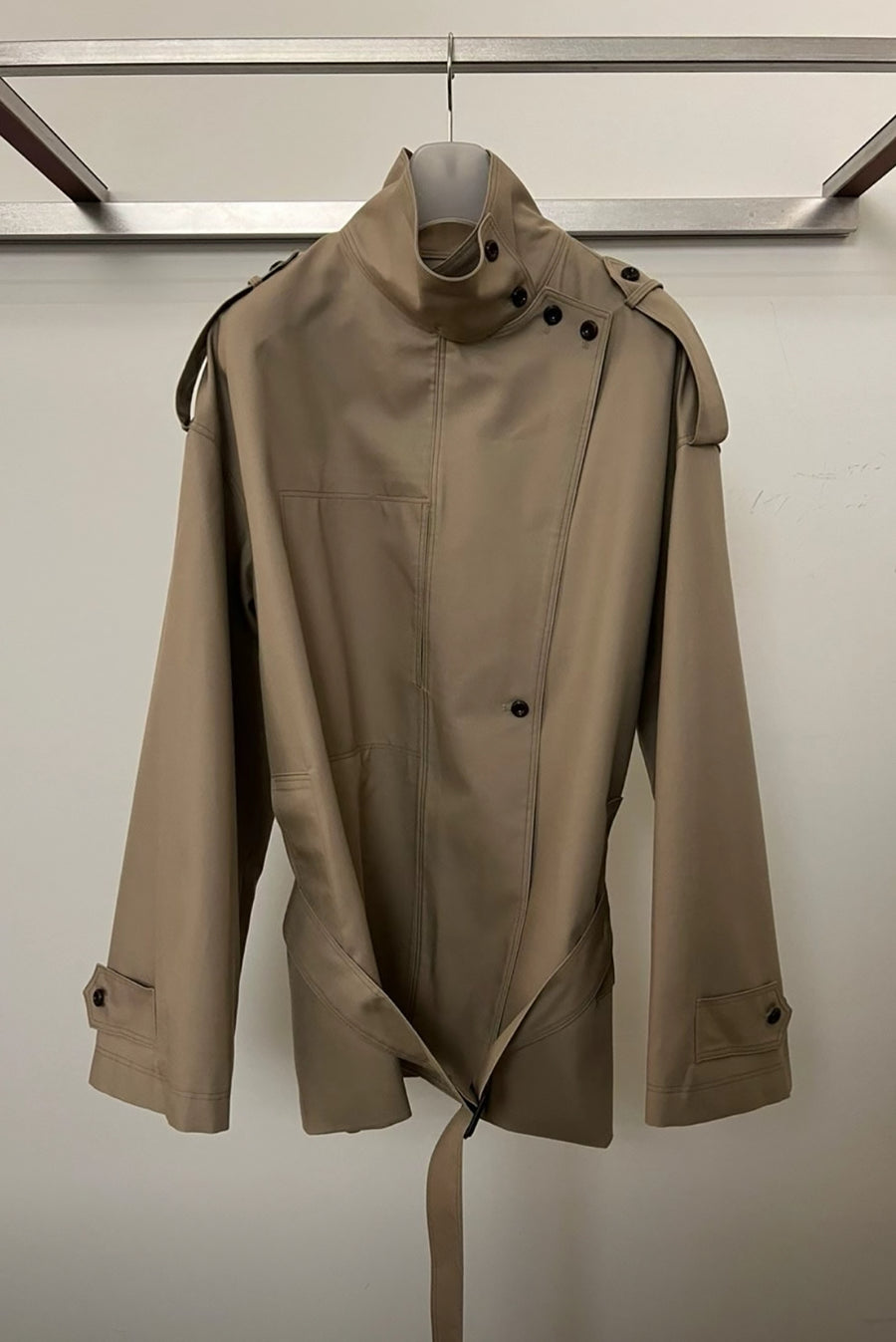 Asymmetrical Belted Trench Jacket - Khaki