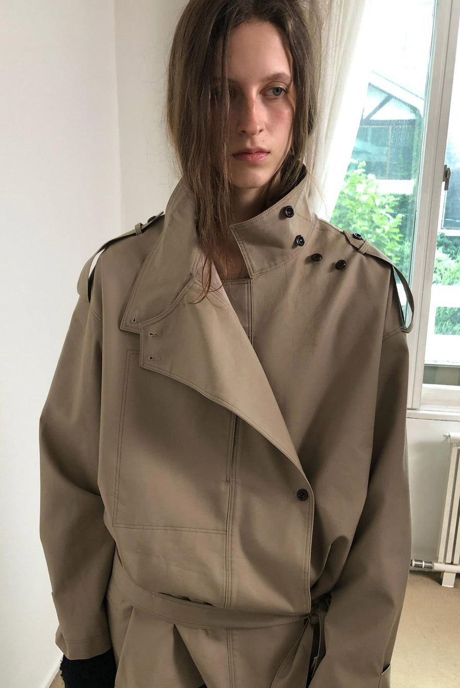 Asymmetrical Belted Trench Jacket - Khaki