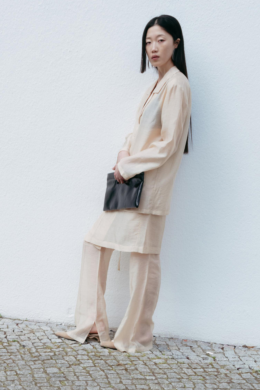 Oversized Sheer Collared Shirt With Pockets - Beige