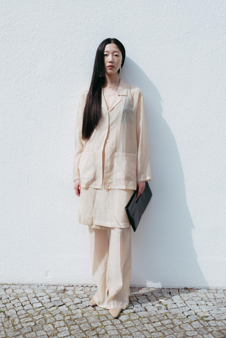 Oversized Sheer Collared Shirt With Pockets - Beige