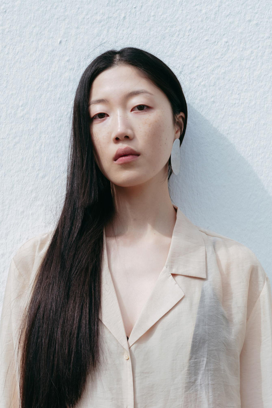 Oversized Sheer Collared Shirt With Pockets - Beige