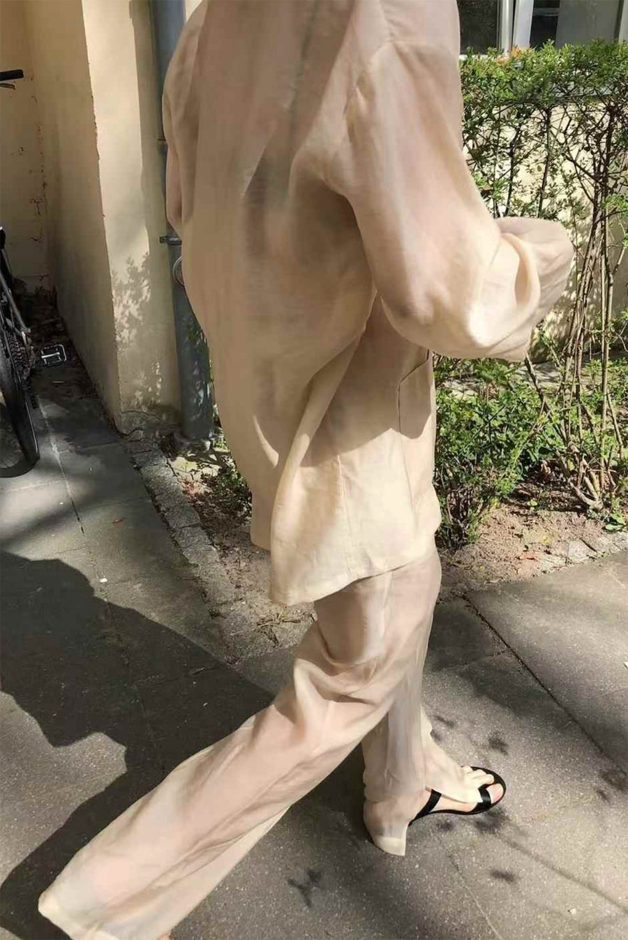 Oversized Sheer Collared Shirt With Pockets - Beige