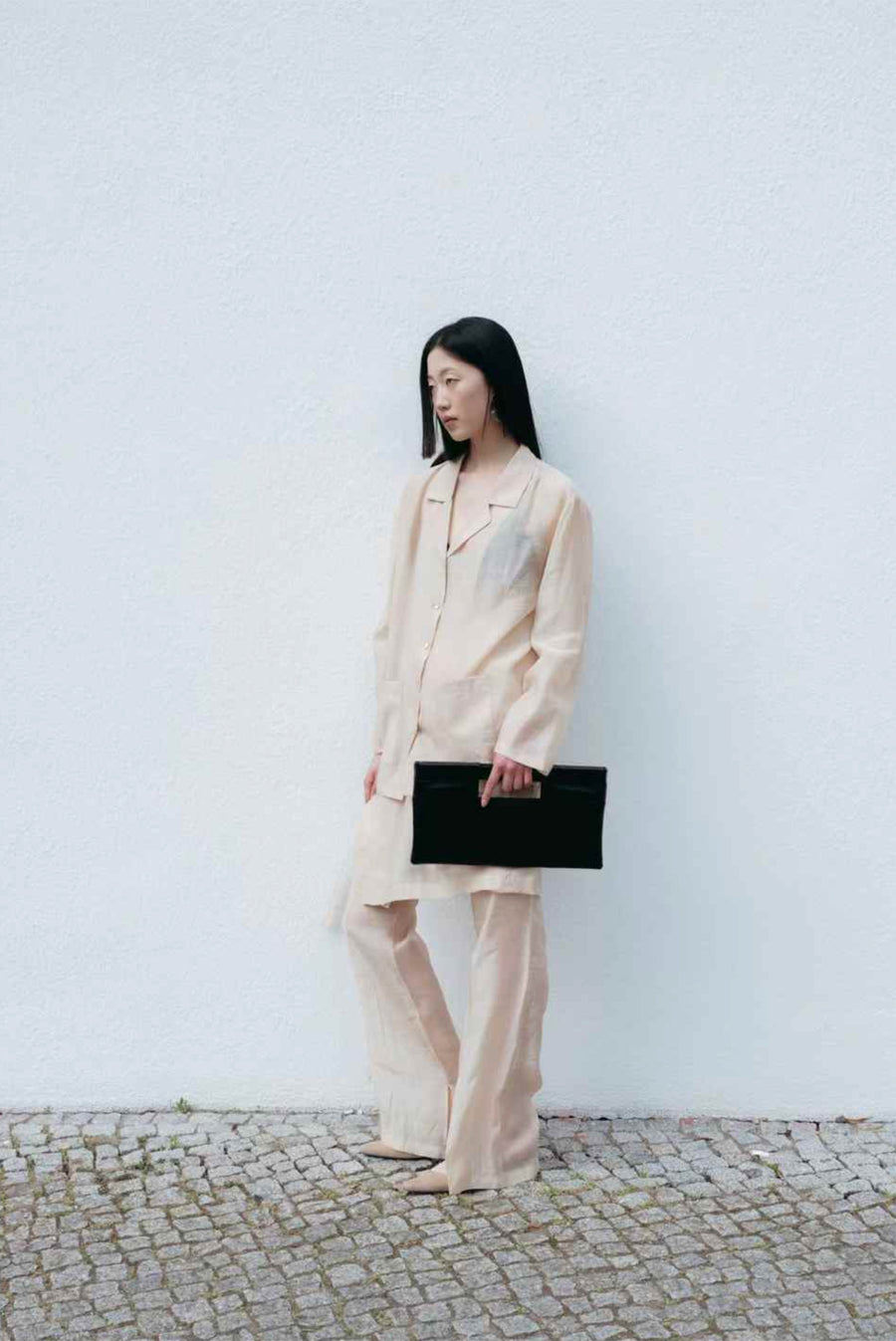 Oversized Sheer Collared Shirt With Pockets - Beige