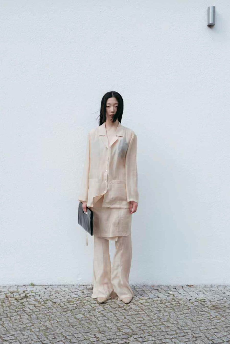 Oversized Sheer Collared Shirt With Pockets - Beige