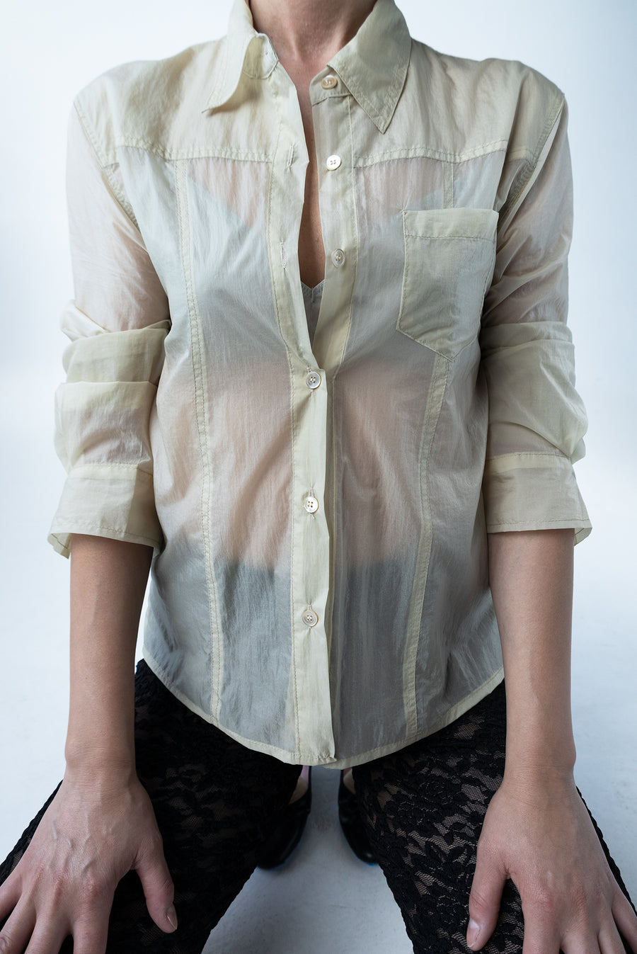 Sheer Button Up Blouse With Pocket - Beige