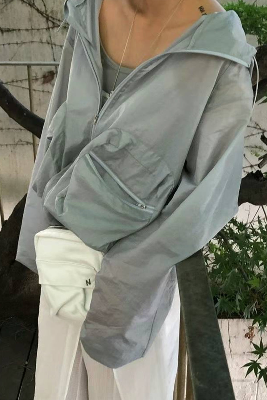 Sheer Hooded Windbreaker With Large Pockets - Gray