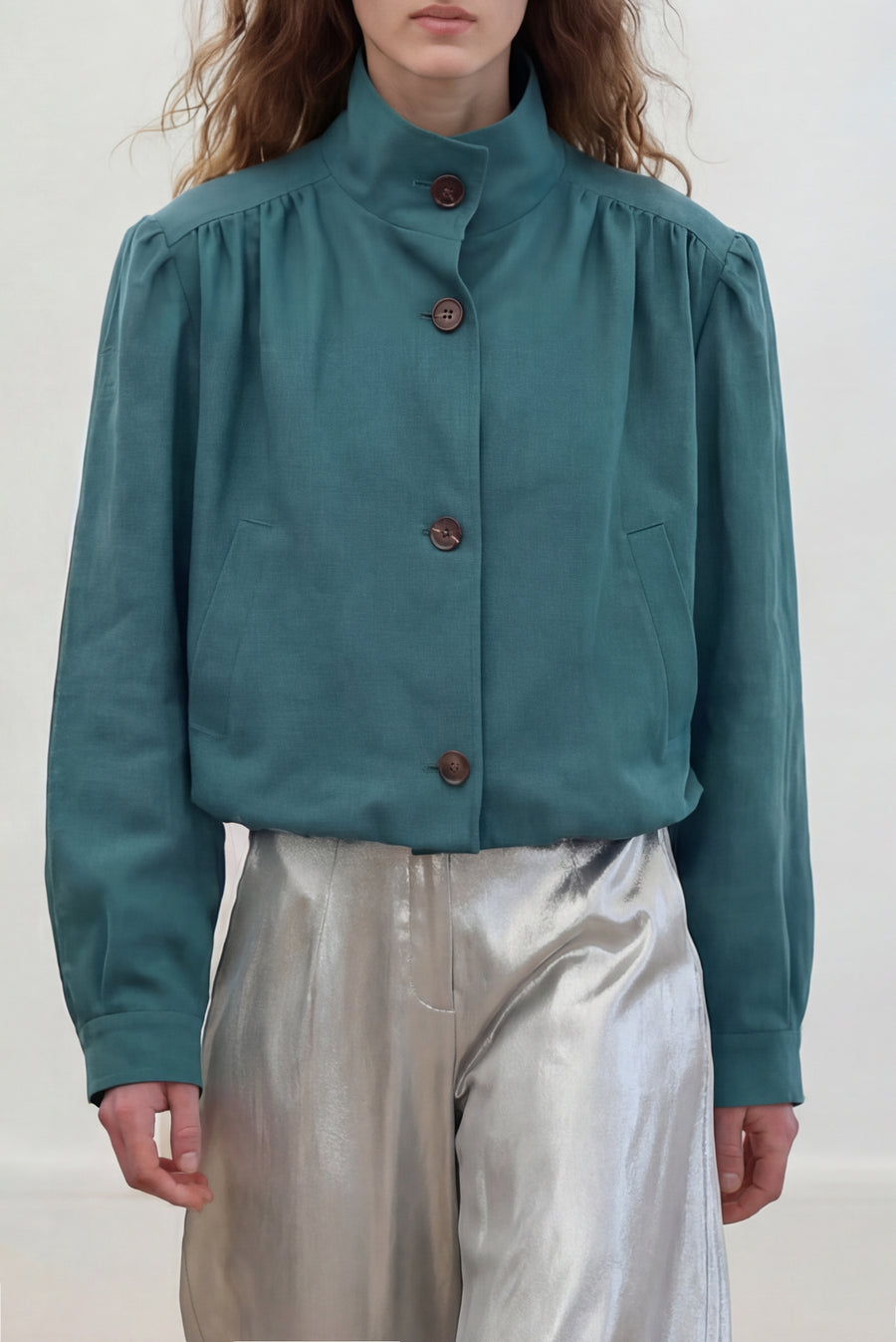 Ruched Linen Bolero Bomber - Aqua