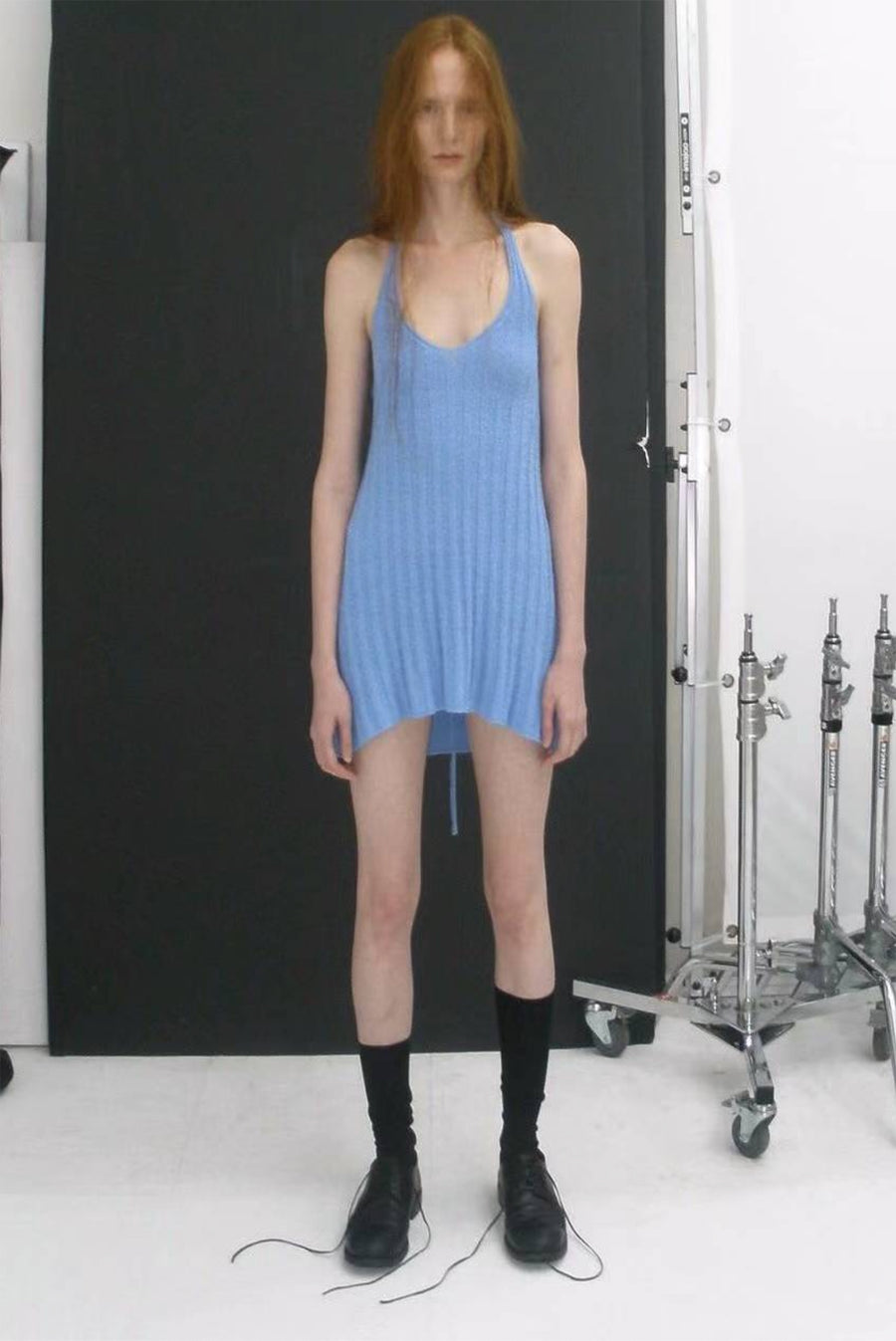 Halter Rib Knit Top Open Back With Ties - Blue