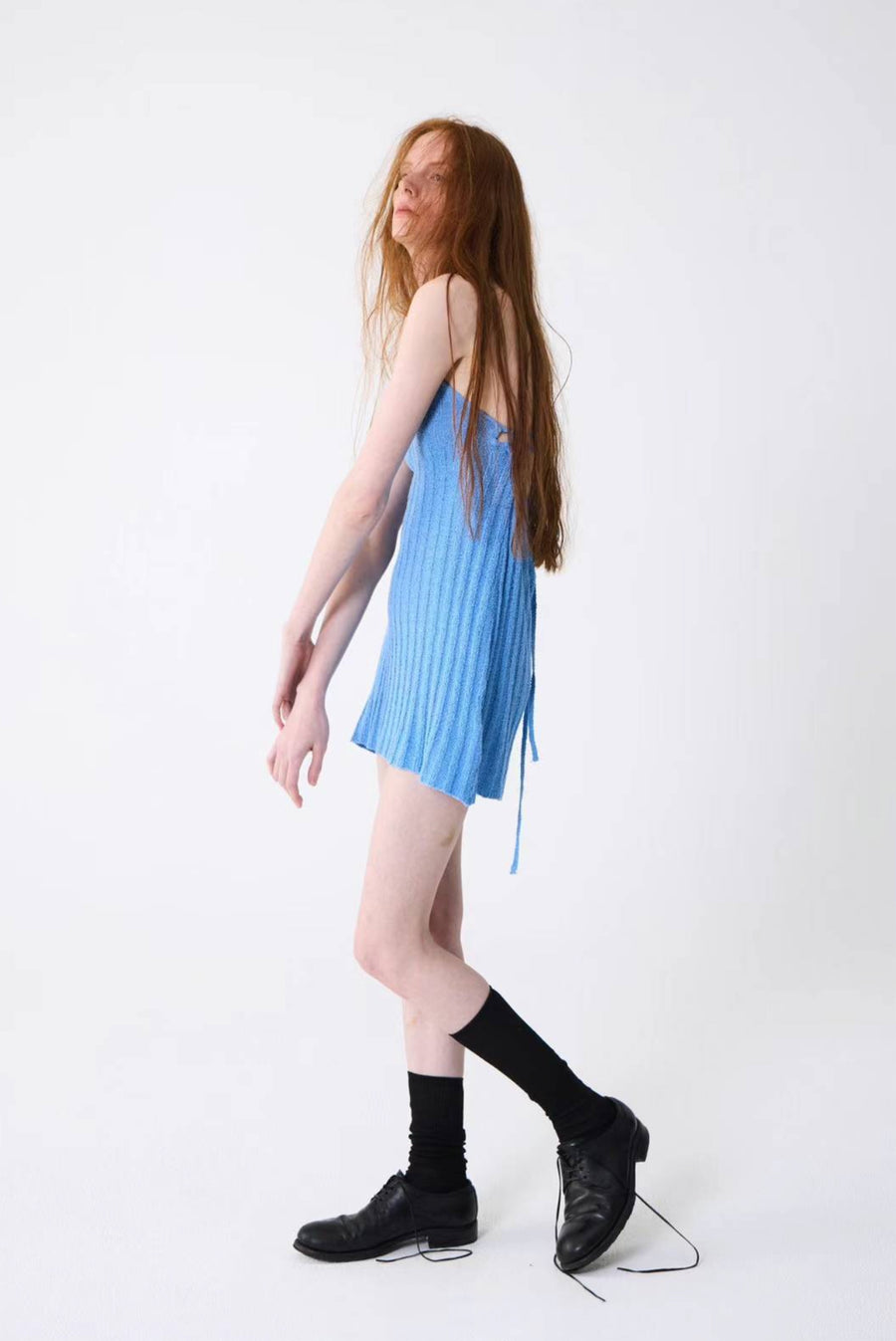 Halter Rib Knit Top Open Back With Ties - Blue