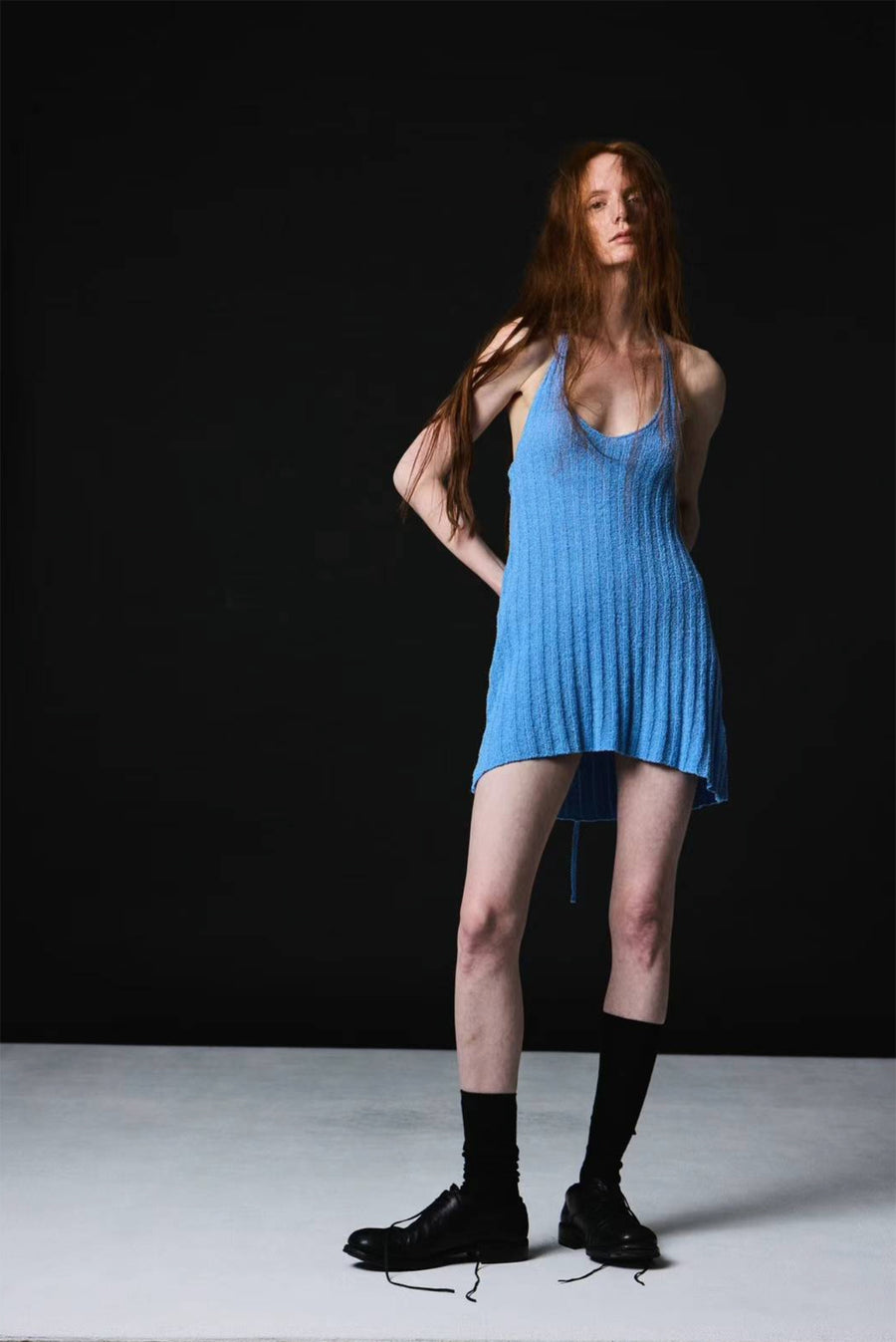 Halter Rib Knit Top Open Back With Ties - Blue