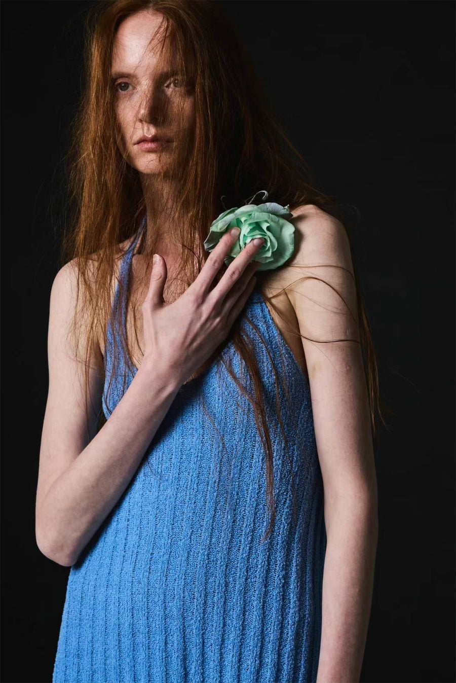Halter Rib Knit Top Open Back With Ties - Blue