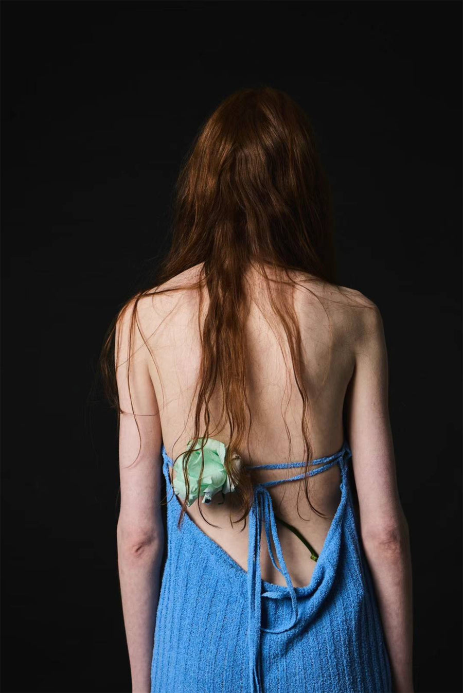 Halter Rib Knit Top Open Back With Ties - Blue