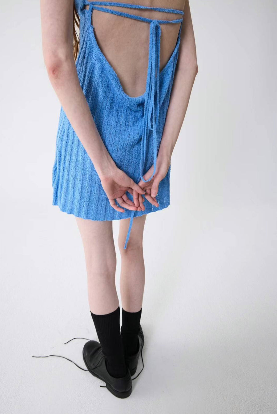 Halter Rib Knit Top Open Back With Ties - Blue