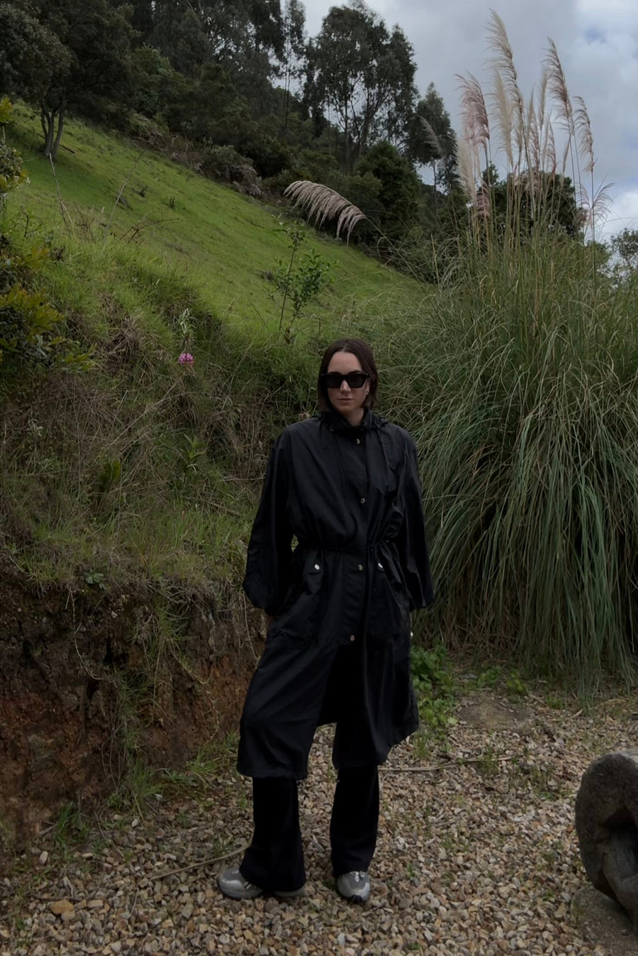 Long Waterproof Hood Jacket With Silver Buttons - Black